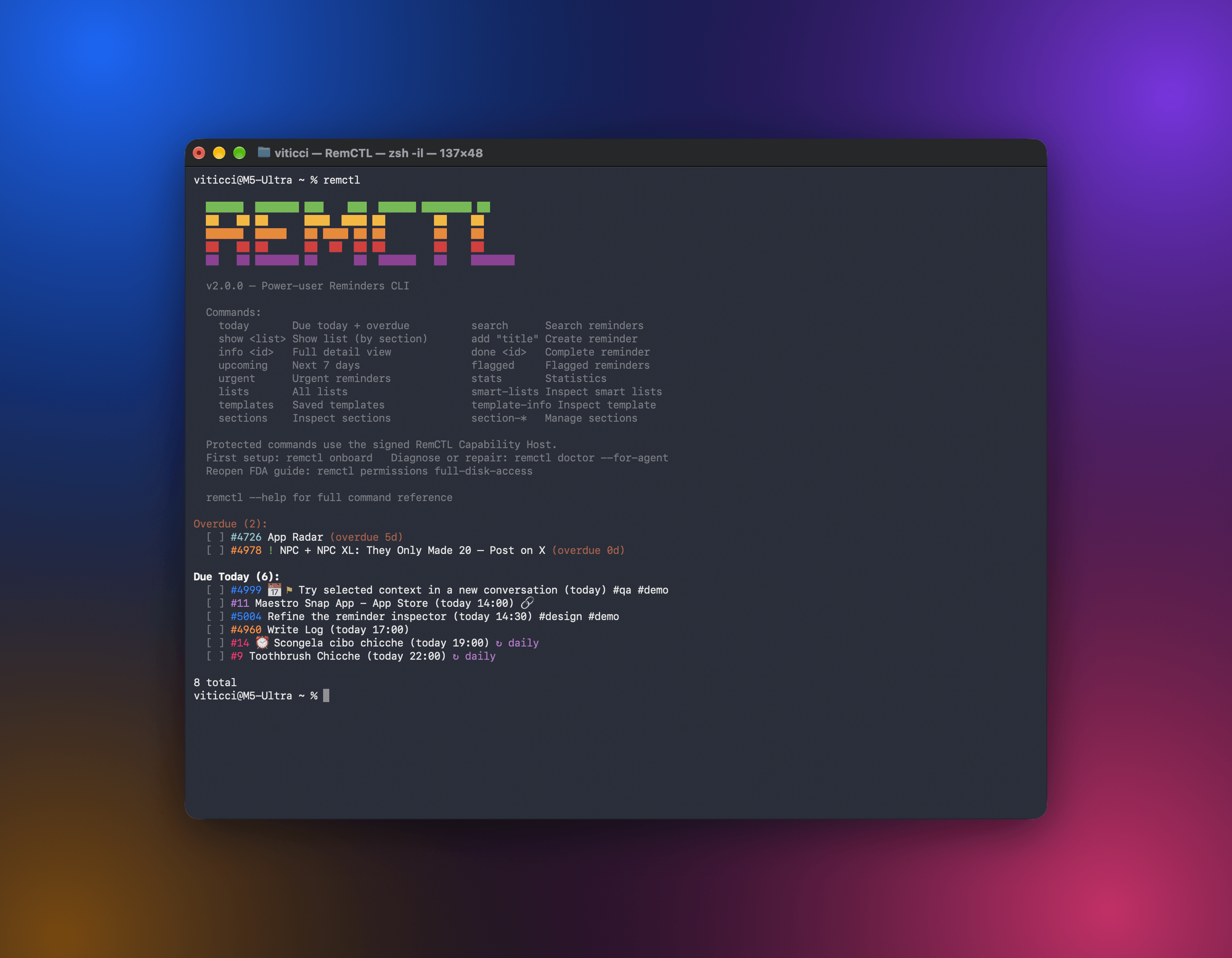 RemCTL's splash screen and today's reminders in Terminal