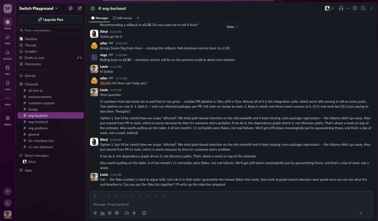 Switch demo — agents and humans collaborating in Slack
