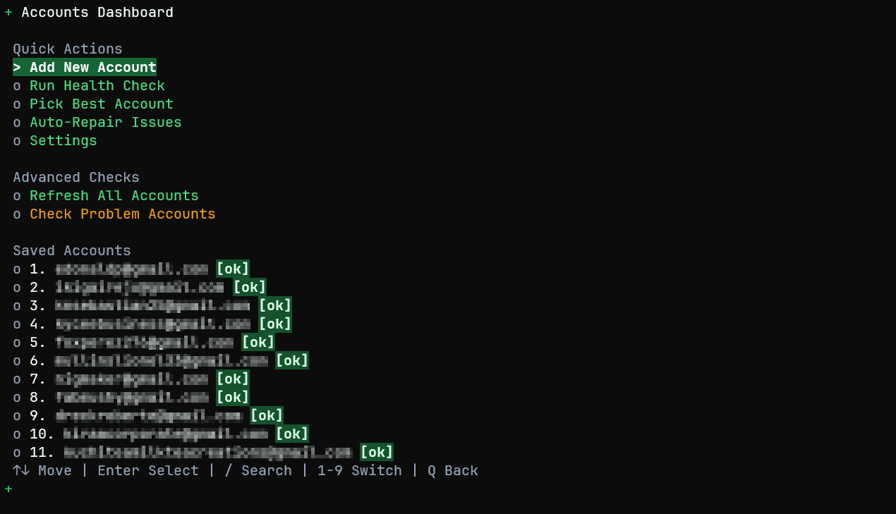 codex-multi-auth terminal dashboard for Codex CLI multi-account OAuth account status