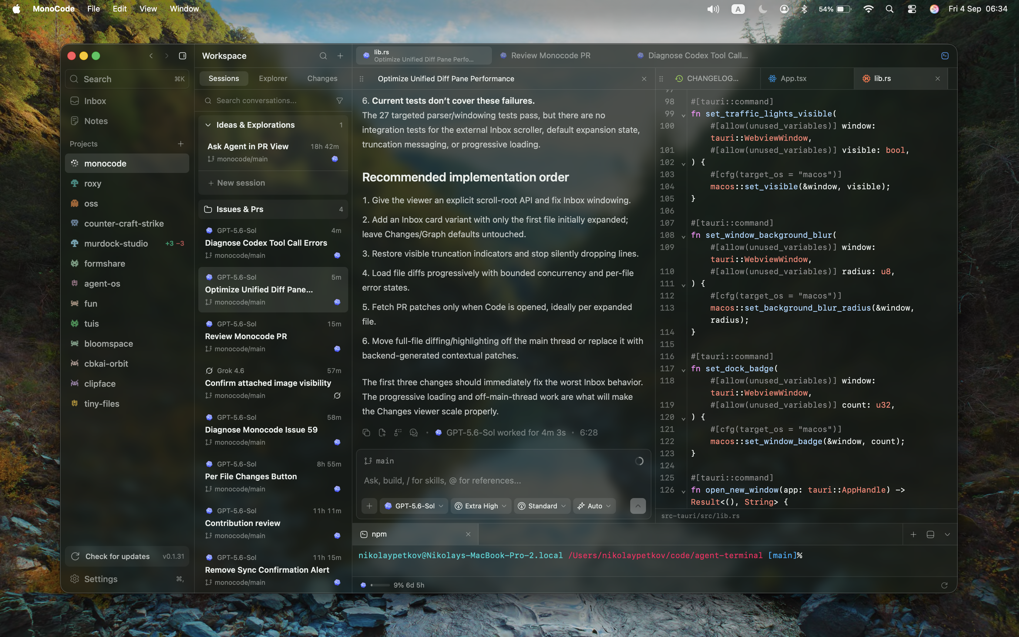 MonoCode with agent sessions open side by side
