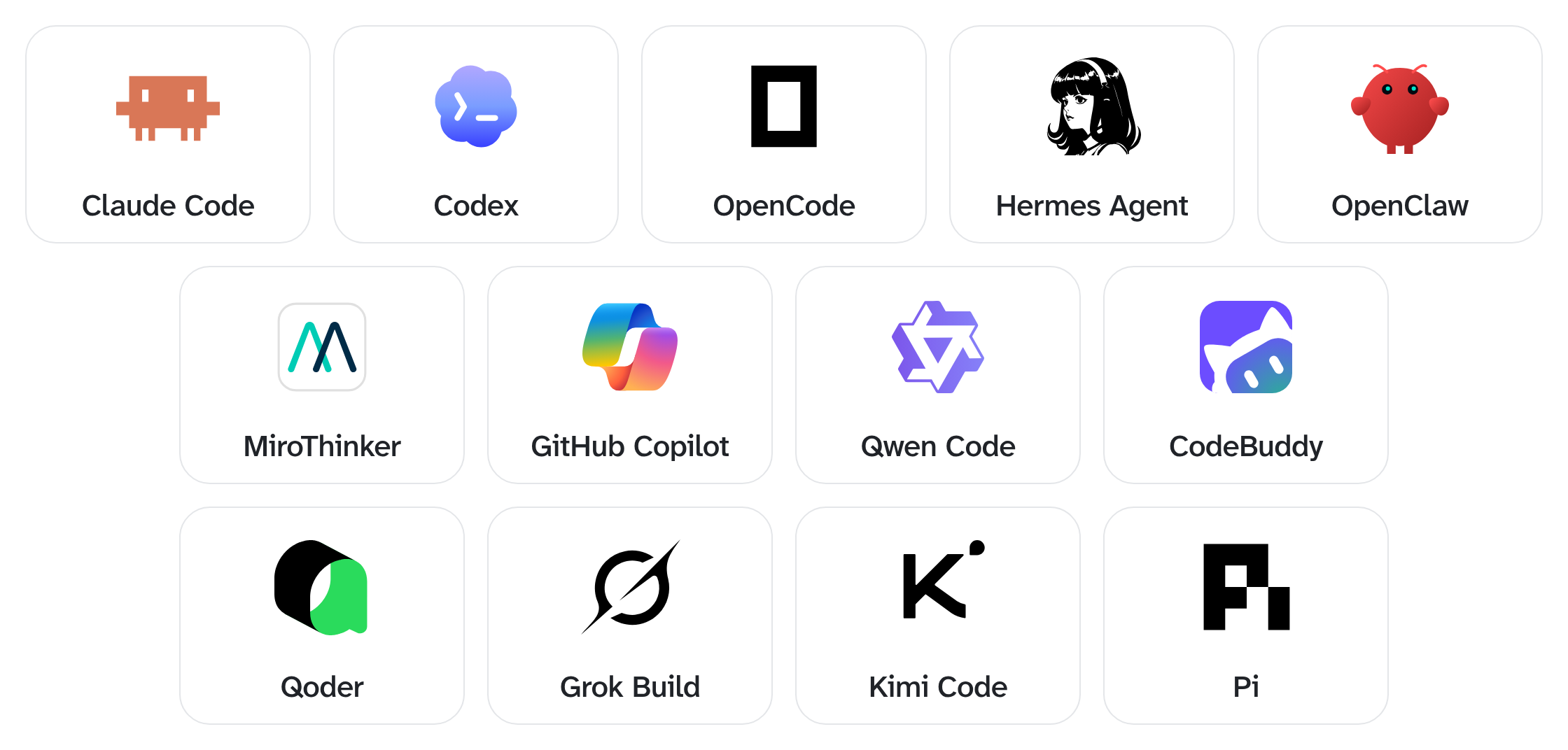 Third-party agents: Claude Code, Codex, OpenCode, Hermes Agent, OpenClaw, MiroThinker, GitHub Copilot, Qwen Code, CodeBuddy, Qoder, Grok Build, Kimi Code, and Pi