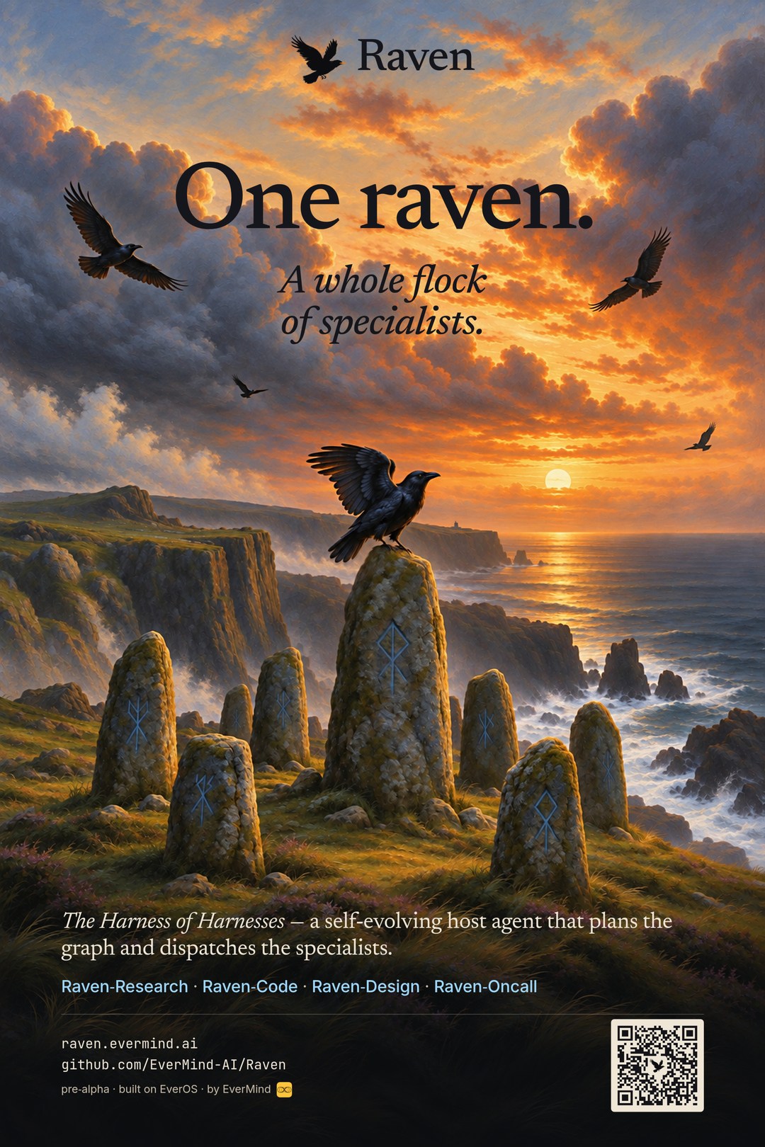 Raven poster: a raven on a standing stone above sea cliffs at sunset, over the line One raven. A whole flock of specialists.