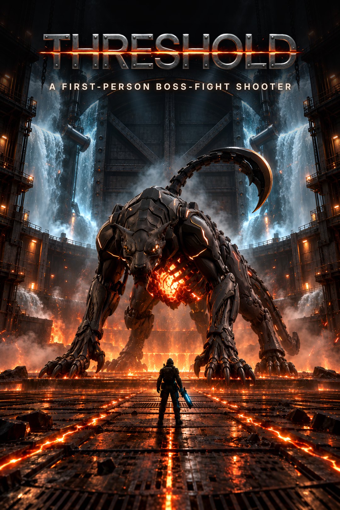 THRESHOLD poster: the Warden towers over the player on a molten arena floor