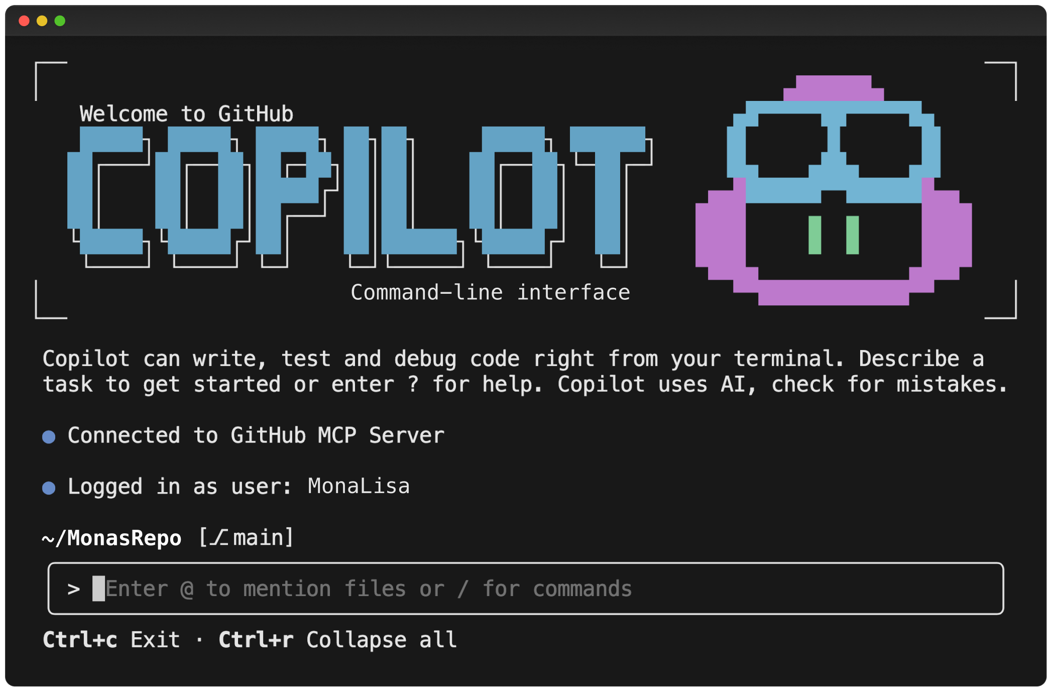 Image of the splash screen for the Copilot CLI