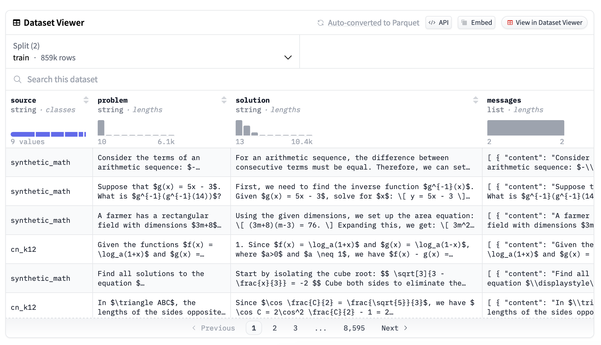 screenshot of the dataset viewer, for the dataset 'AI-MO/NuminaMath-CoT' hosted on Hugging Face