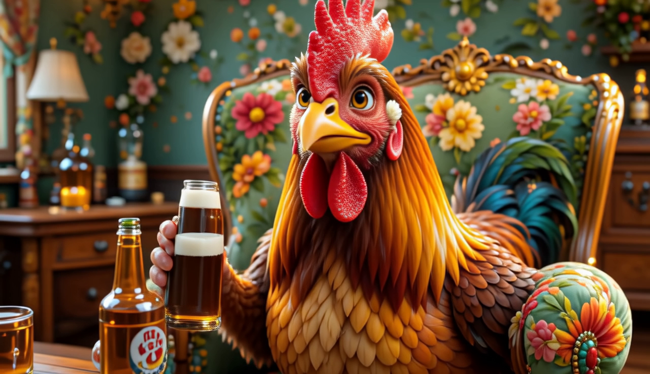SANA-Video 2.0 5B four-step preview: a cartoon rooster holding a beer bottle in a floral vintage room