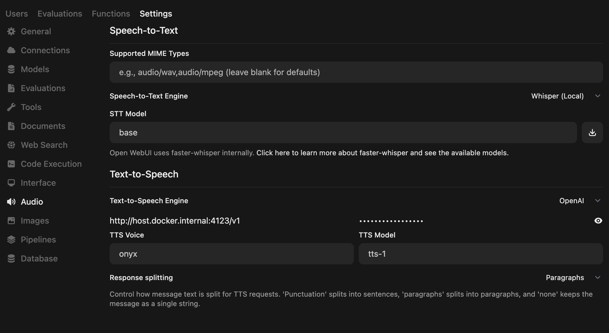 Settings to integrate Chatterbox TTS API with Open WebUI