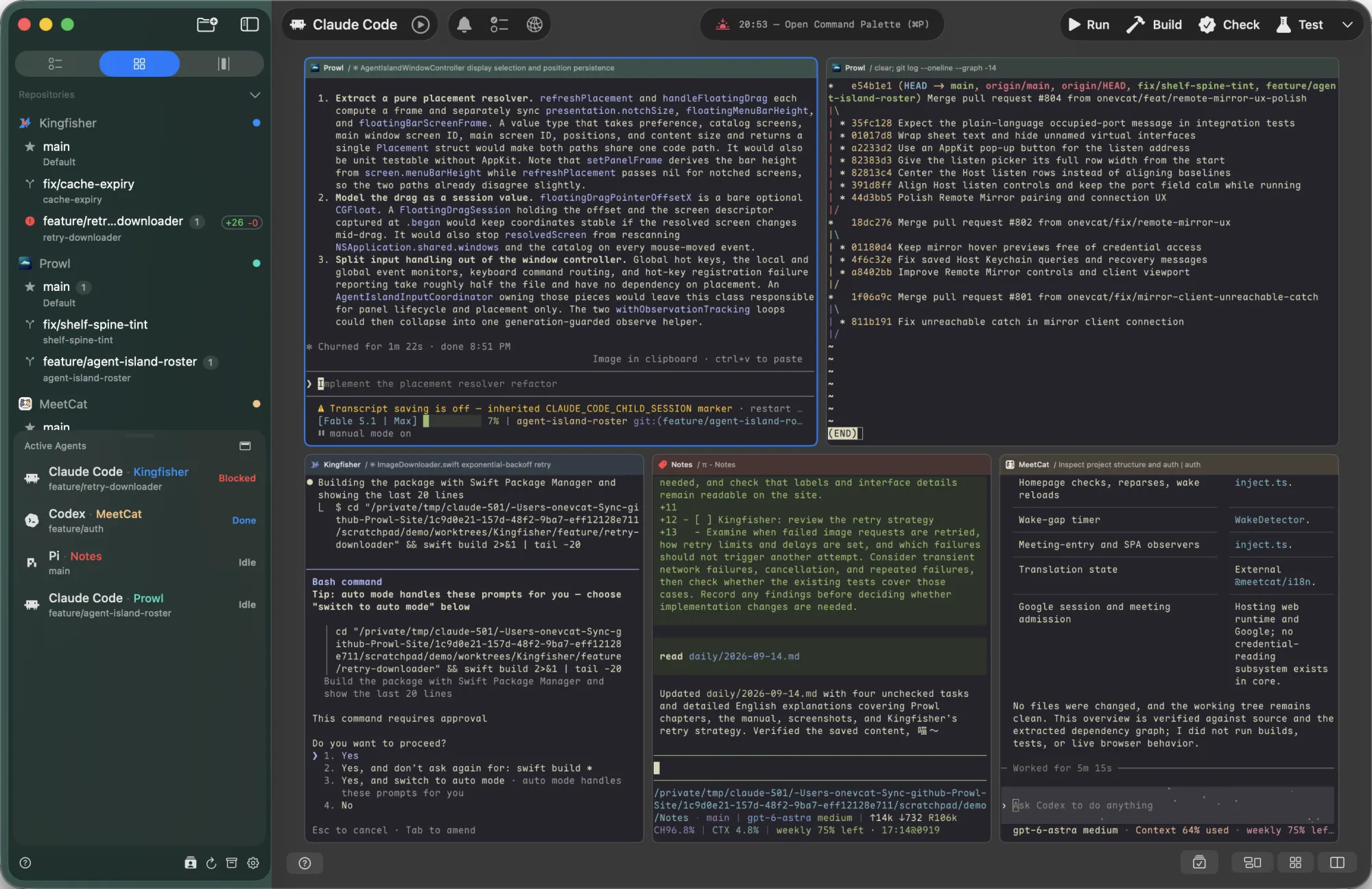 Prowl Canvas: five live terminals tiled as cards (Claude Code waiting on a permission prompt, Codex and Pi done, a git log) next to the Active Agents panel