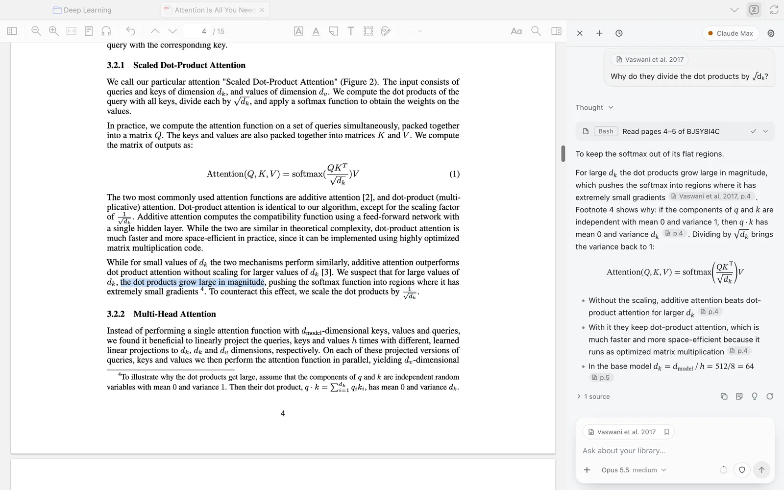 Zotero with Attention Is All You Need open on page 4. The Zotero Agent panel on the right explains why the dot products are scaled by the square root of d_k, with page citations; clicking one has highlighted the cited sentence in the PDF.
