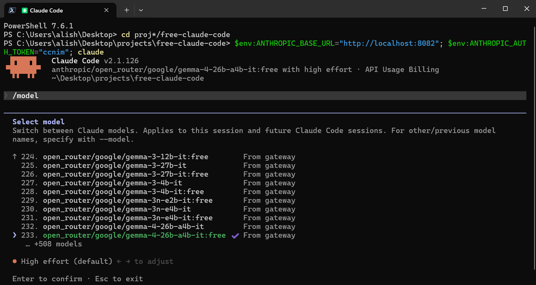 Claude Code model picker showing FCC models