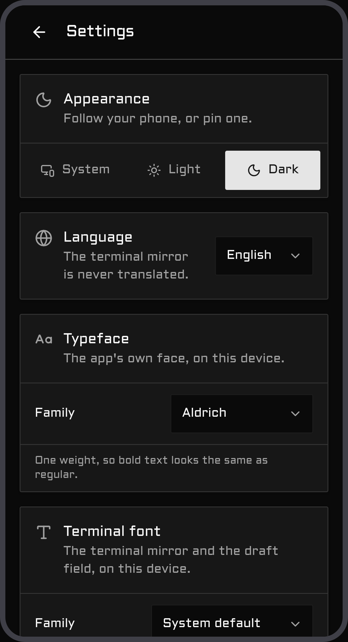 Settings — appearance, language, typeface