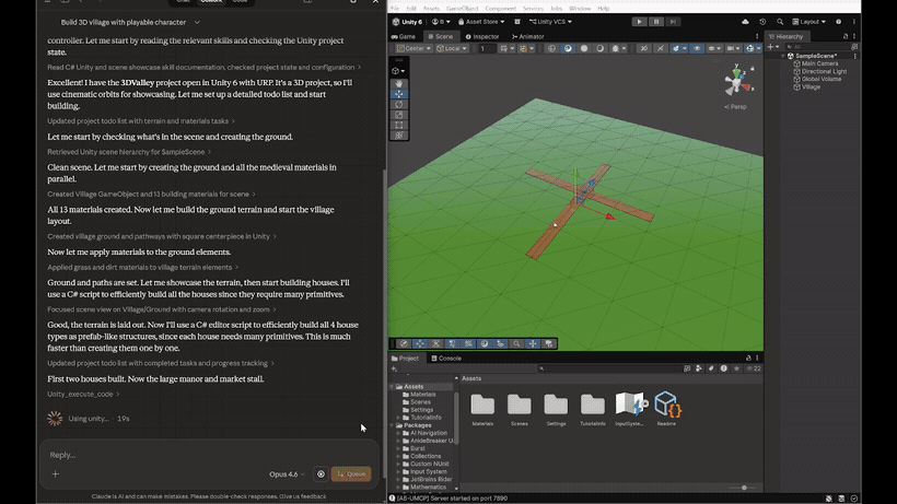 Recorded Unity MCP workflow building a medieval village with terrain and reusable houses