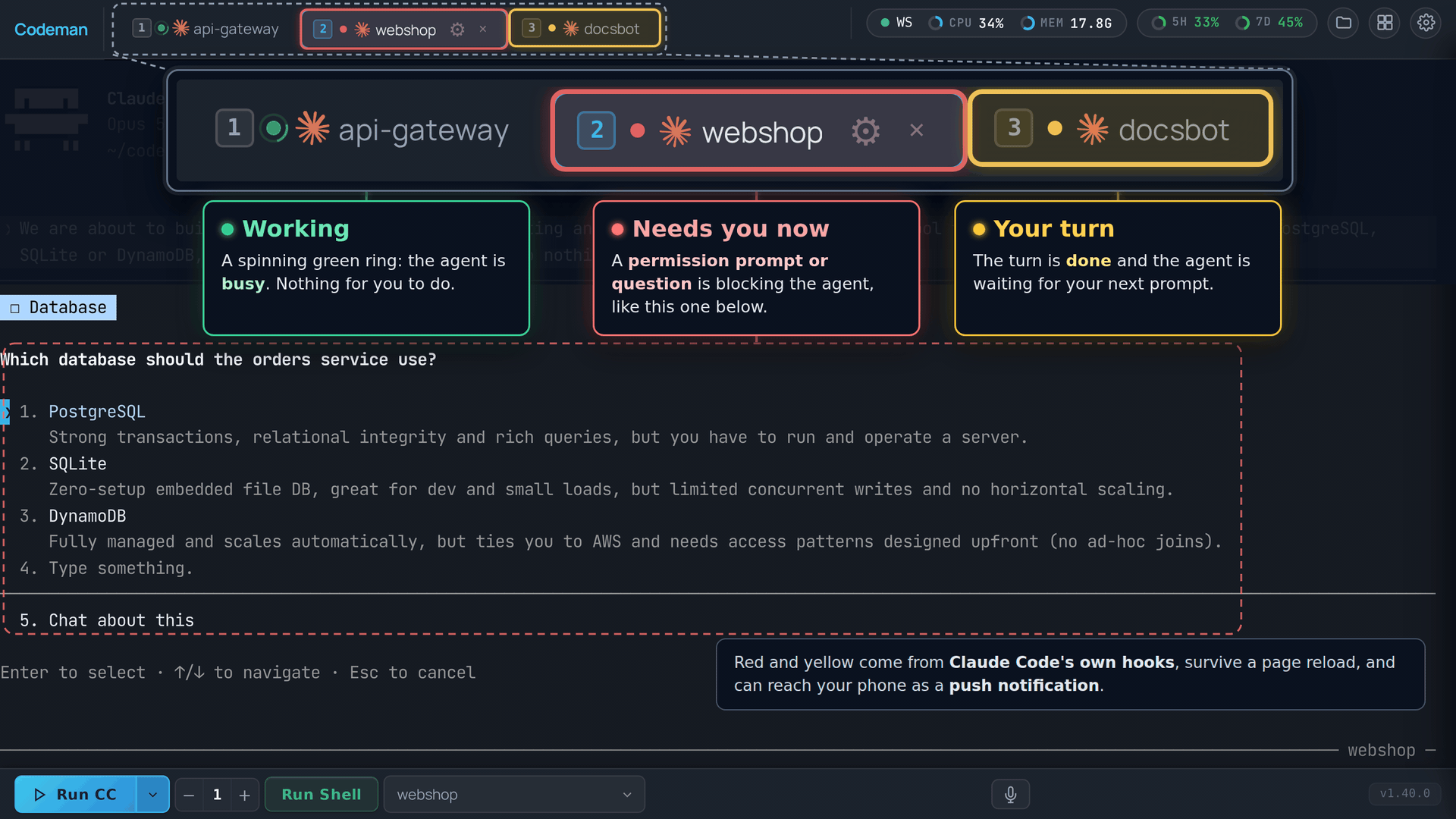 Tab states, annotated: a working tab with a spinning green ring, a red tab blocked on the agent's question shown below it, and a yellow tab whose turn is done, both alert tabs breathing