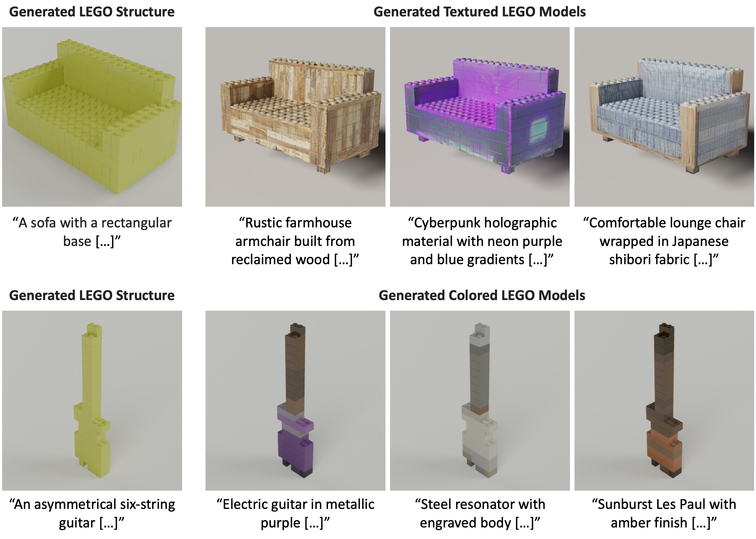 Examples of brick models generated with textures and colors