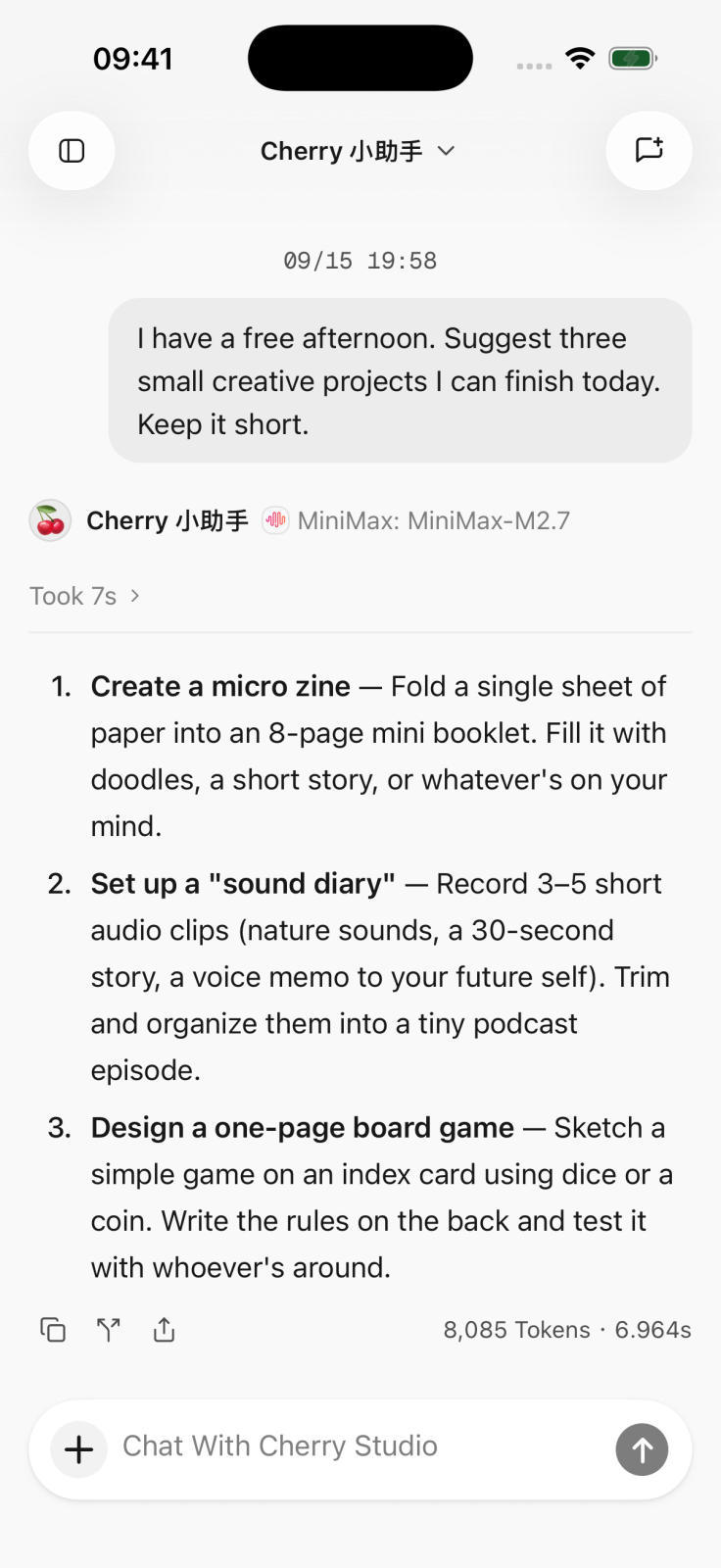 Cherry Studio conversation on iPhone 17 Pro