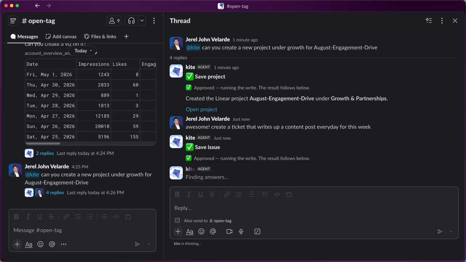 OpenTag asks to save a project, the user approves, and OpenTag reports the Linear project it created