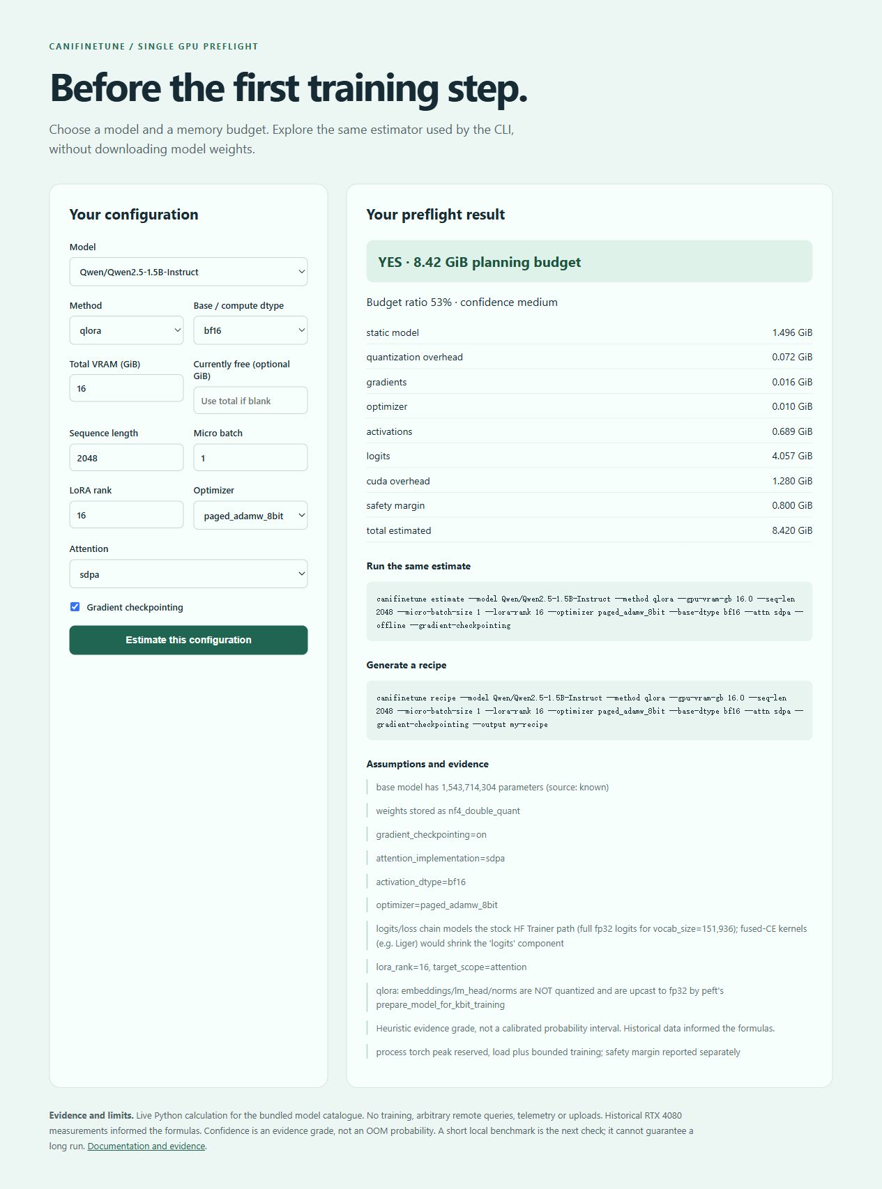 Local preflight demo: model/configuration form, 8.42 GiB memory breakdown and matching commands
