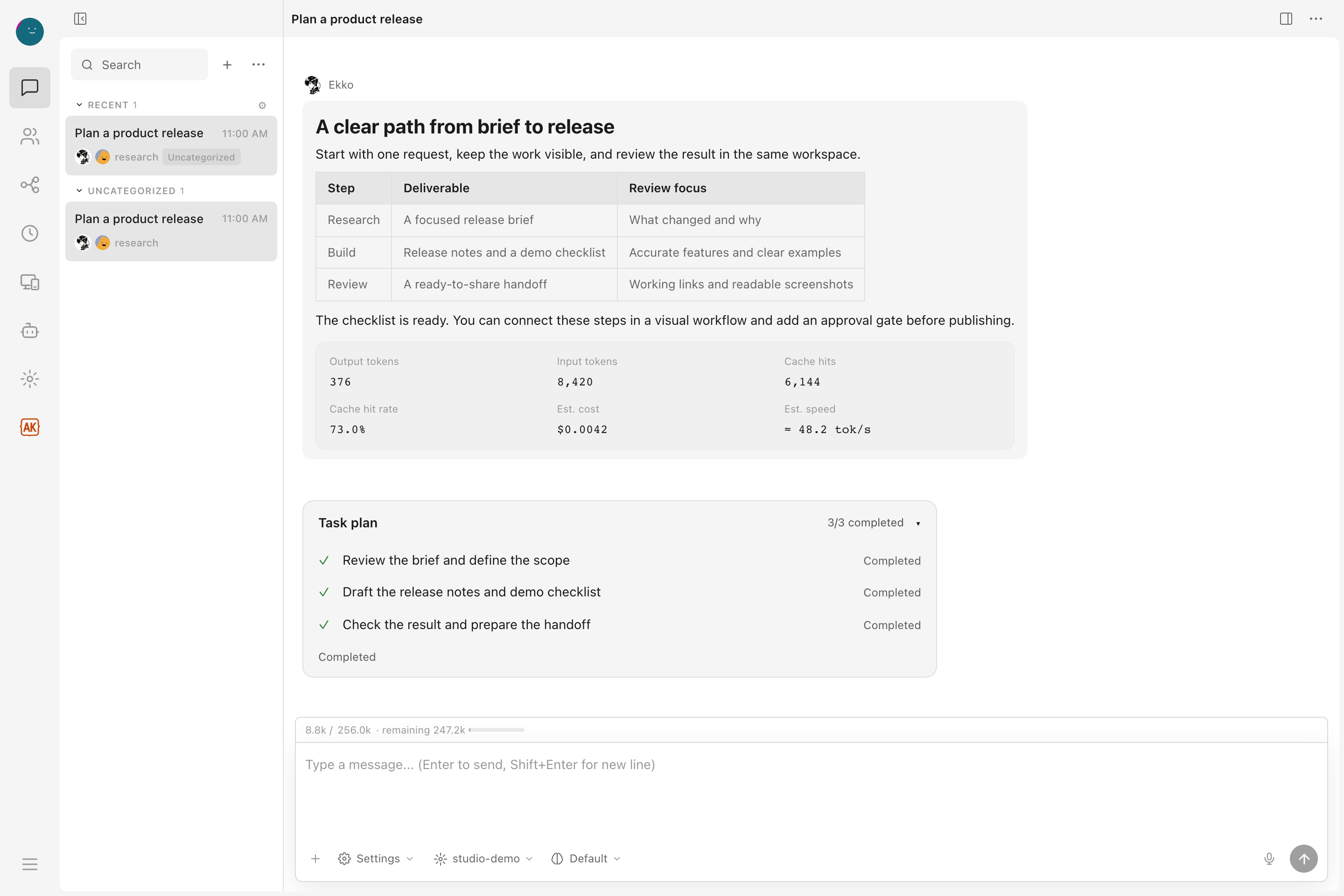 Ekko Studio conversation with a completed task plan and usage summary