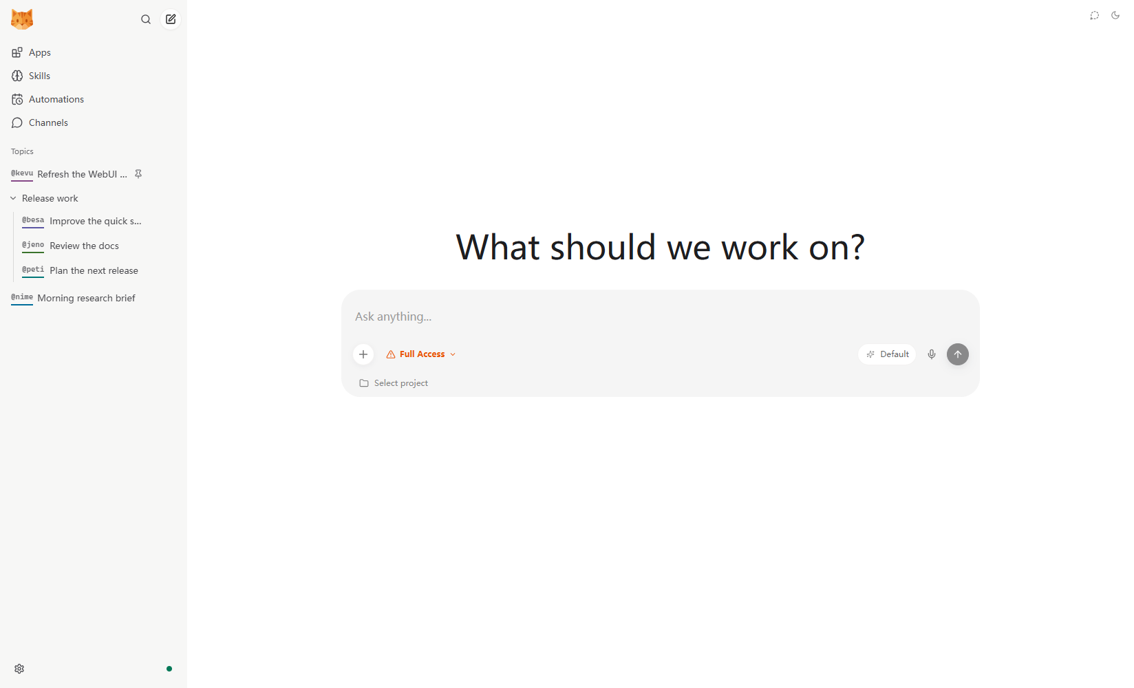 nanobot WebUI new-topic screen with the hero composer, workspace access, project, and model controls