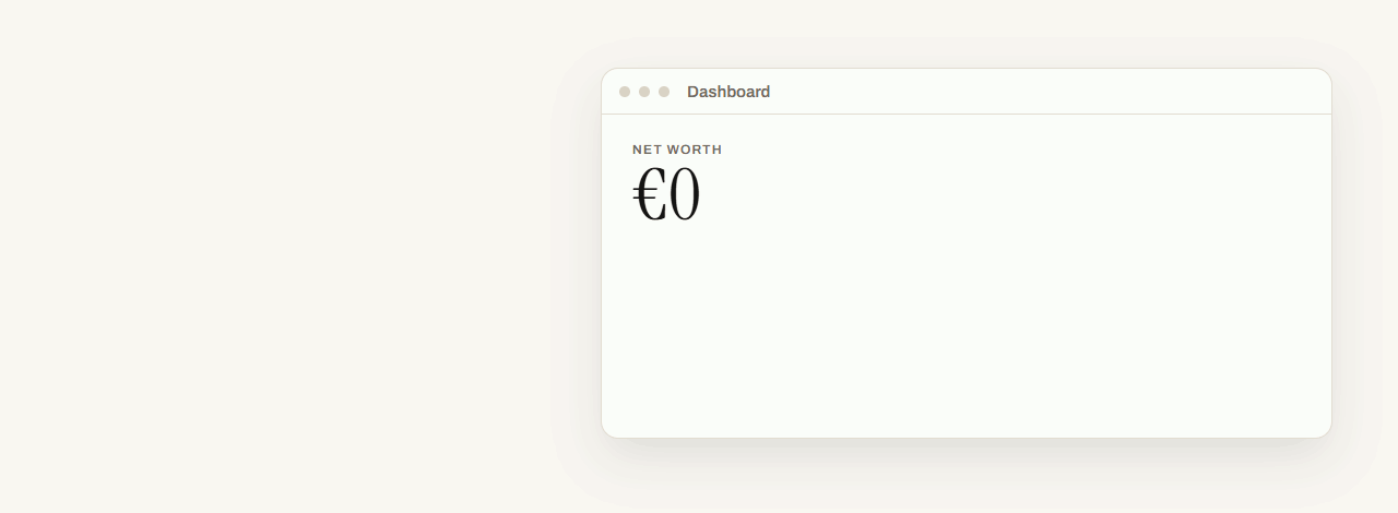 Aurelio: everything you own in one place. An animation: the net worth and what makes it up, the countries inside the funds, a question about 1,235 euros left each month answered with a split, and a proposal you confirm or reject.
