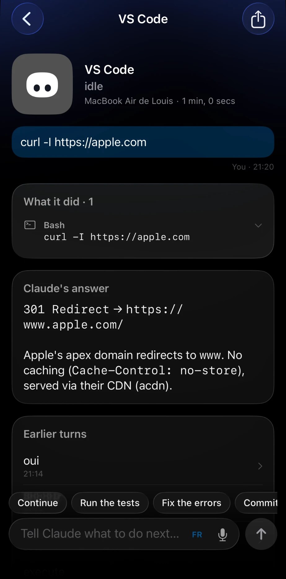 A Claude Code session on the iPhone: the prompt, what it did, Claude's answer and the next instruction