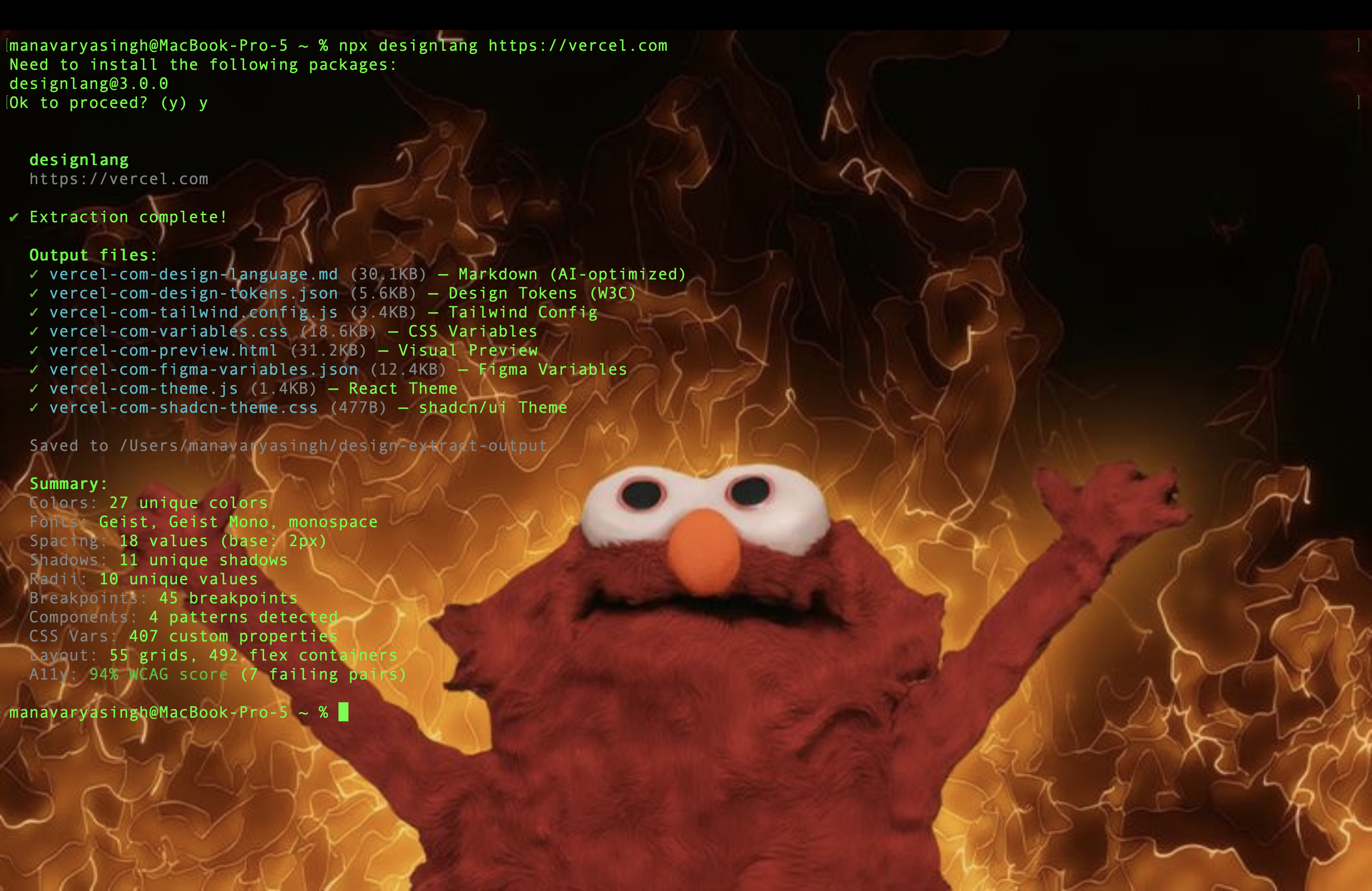 designlang in action — extracts DTCG tokens, Tailwind config, Figma variables, brand book PDF