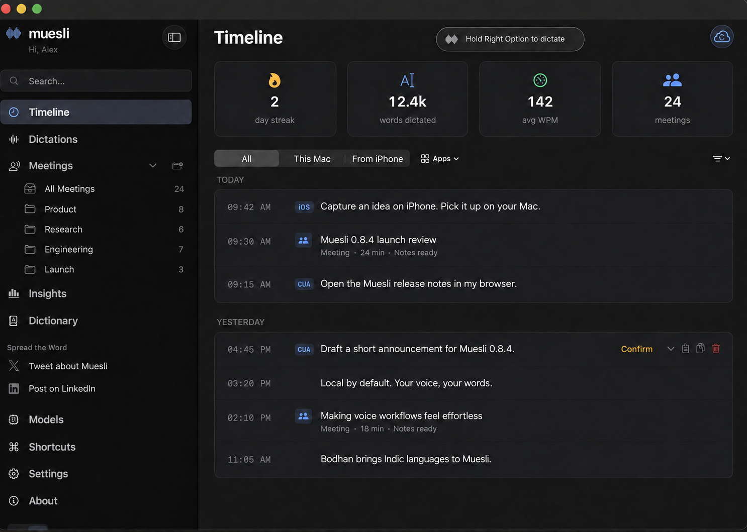 Muesli 0.8.4 Timeline with illustrative dictation, meeting, iPhone, and Computer Use entries