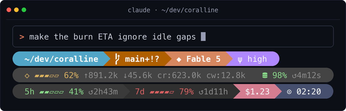 coralline under a Claude Code prompt: three rows of powerline pills showing directory, git, model, effort, context, prompt cache, rate limits, cost, and clock