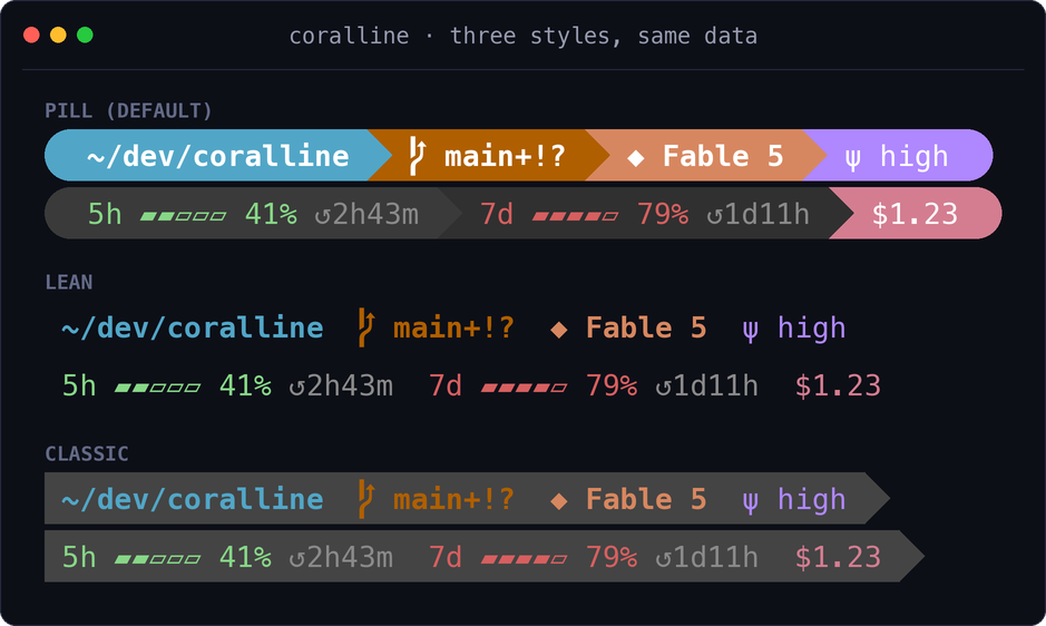 The same two statusline rows drawn in the pill, lean, and classic styles