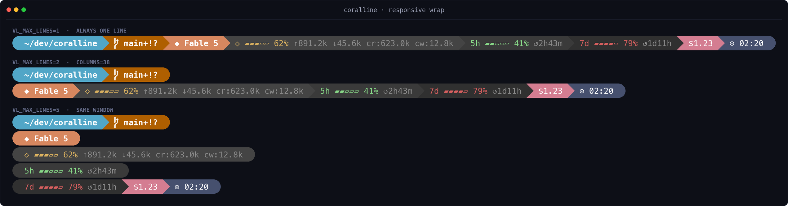 One segment list rendered at VL_MAX_LINES 1, 2, and 5 in a narrow window