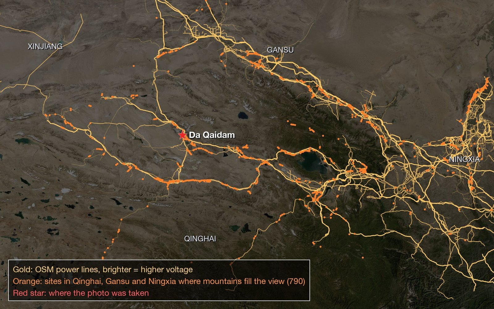 Power lines in Qinghai, Gansu and Ningxia, candidate sites in orange, the camera as a red star