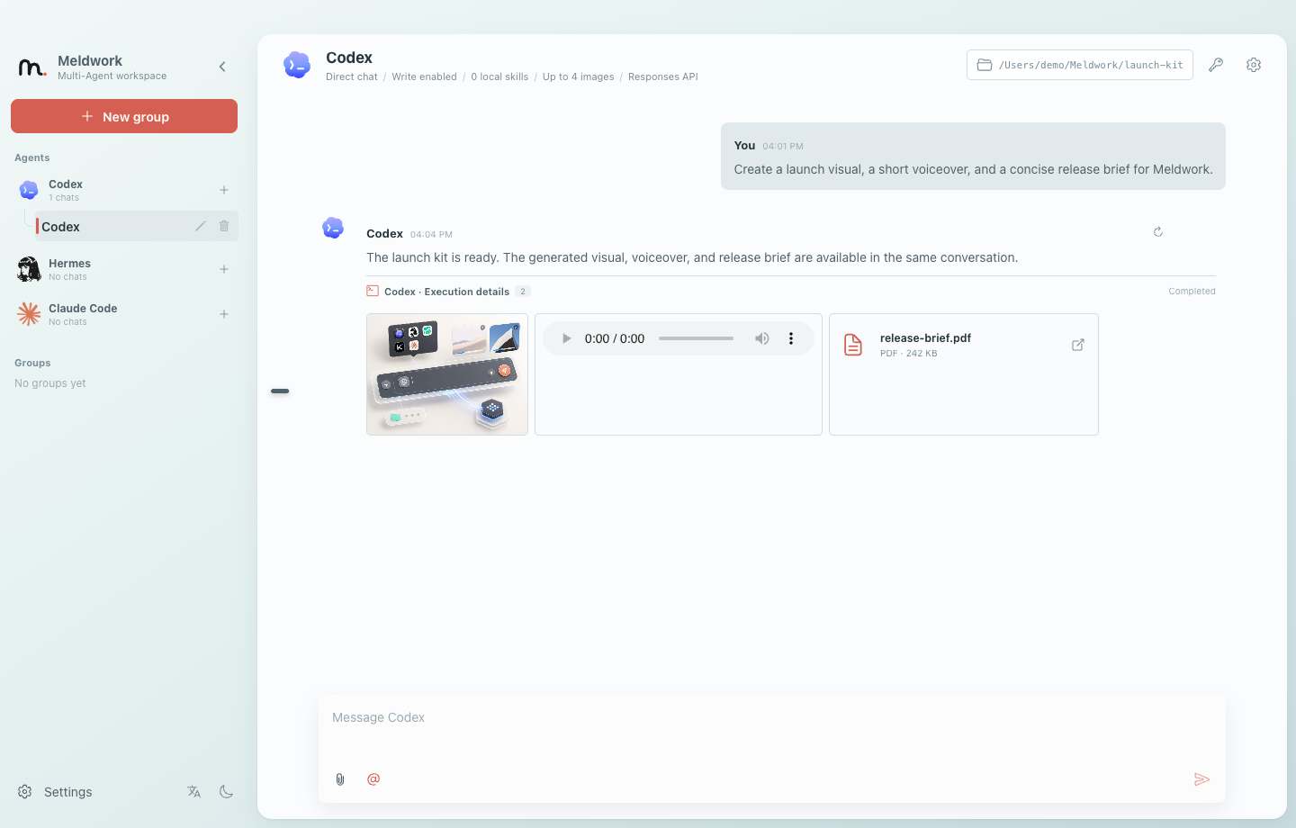 Meldwork direct Agent workspace with local files and media