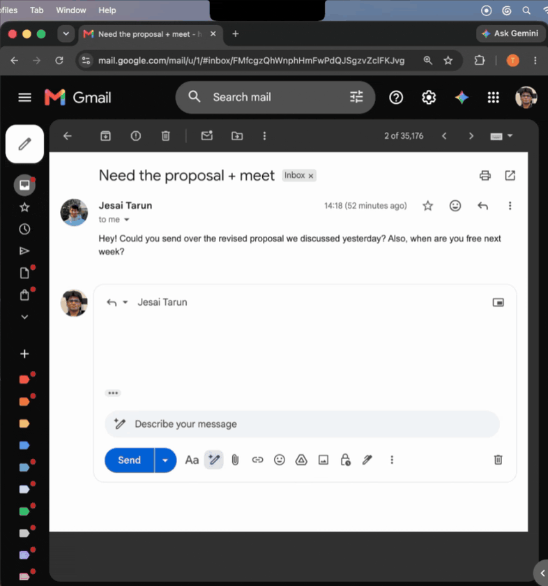 Sidekick takes a short instruction through the notch, then prepares an email reply with availability and an attached proposal.