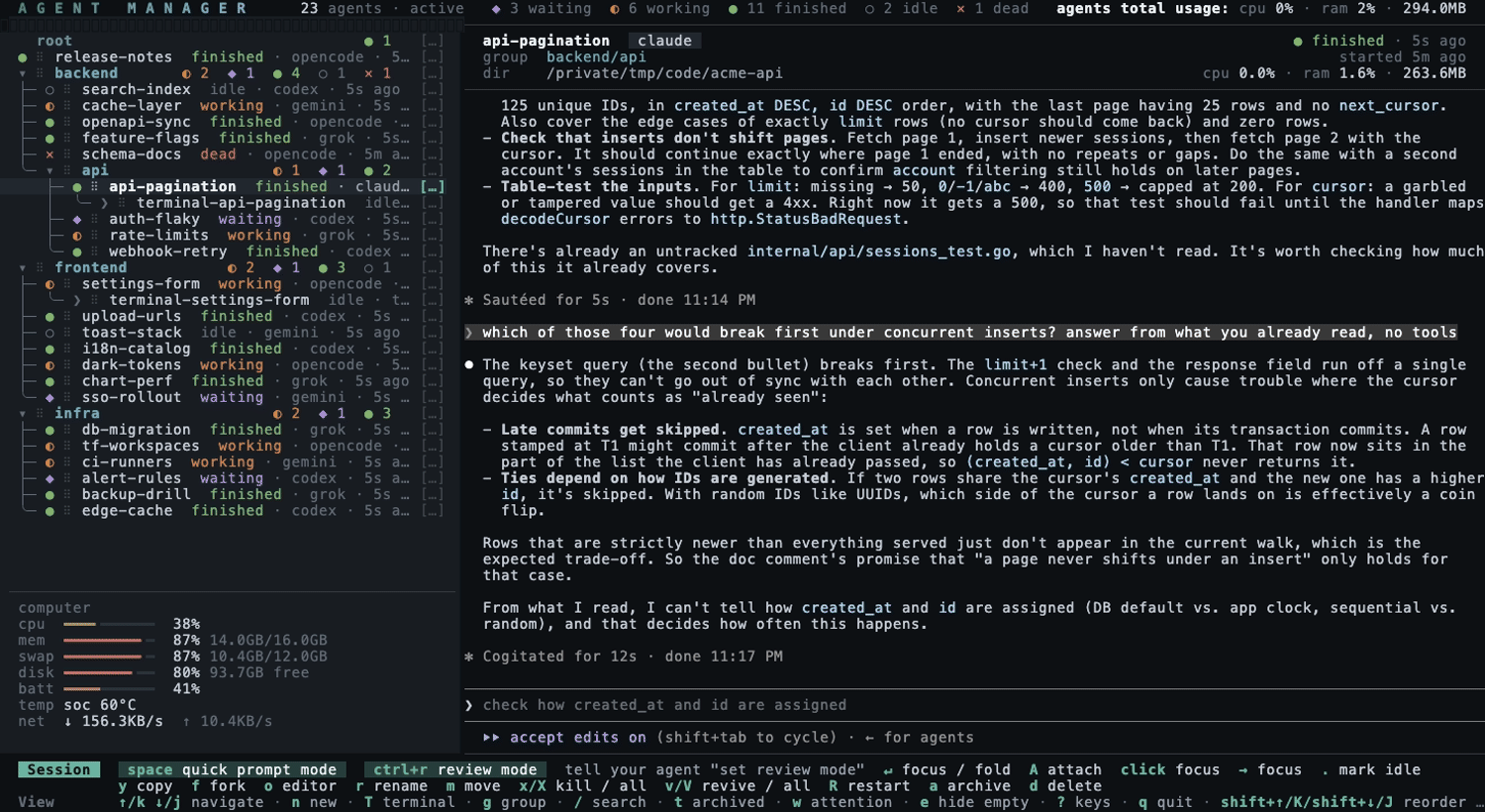 the same full-screen list at the comfortable density: every session on three lines, its task and the agent's last message under the name