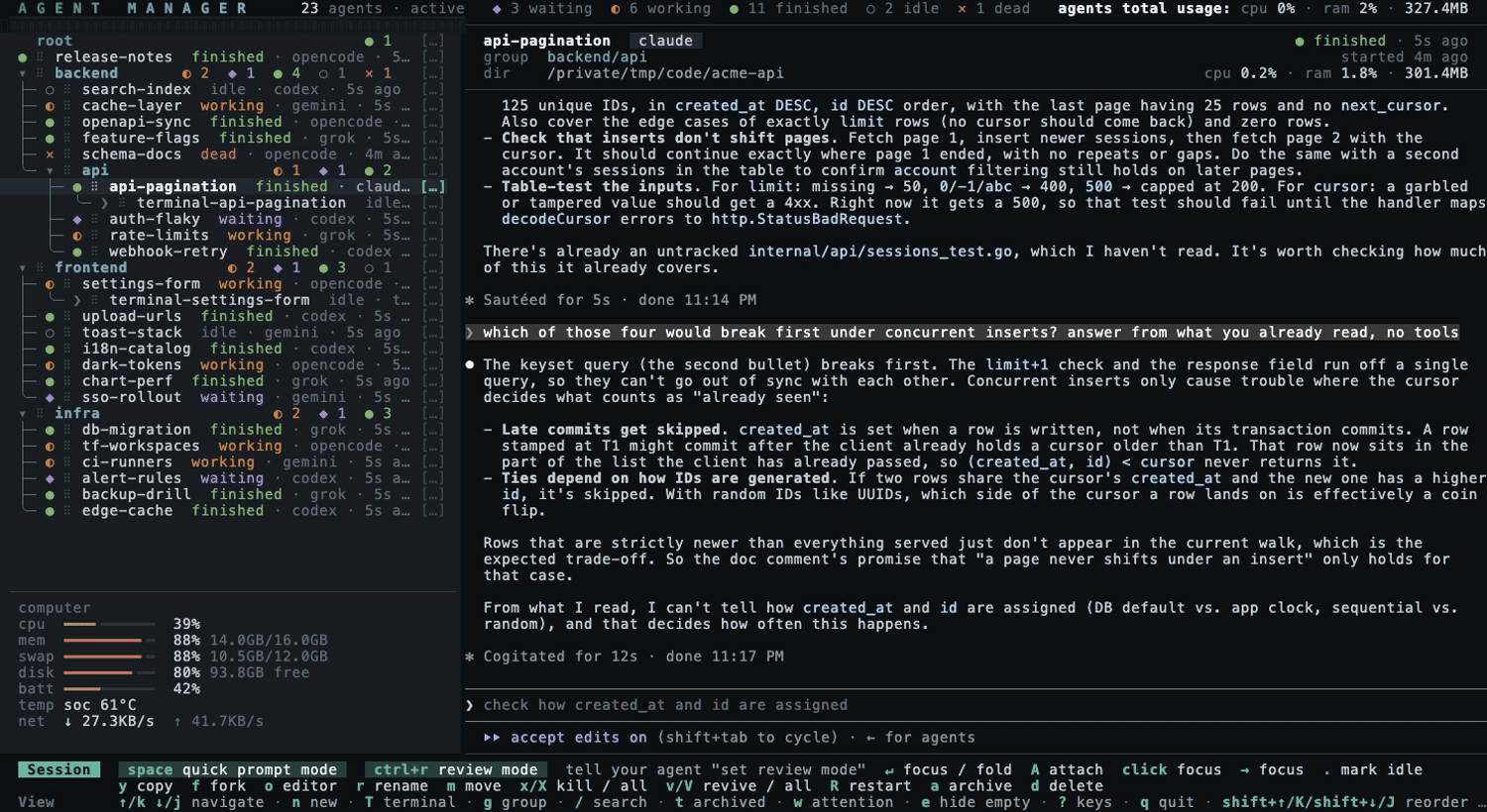the session list taking the whole terminal, one-line rows with the computer stats on the foot, then a session focused full screen