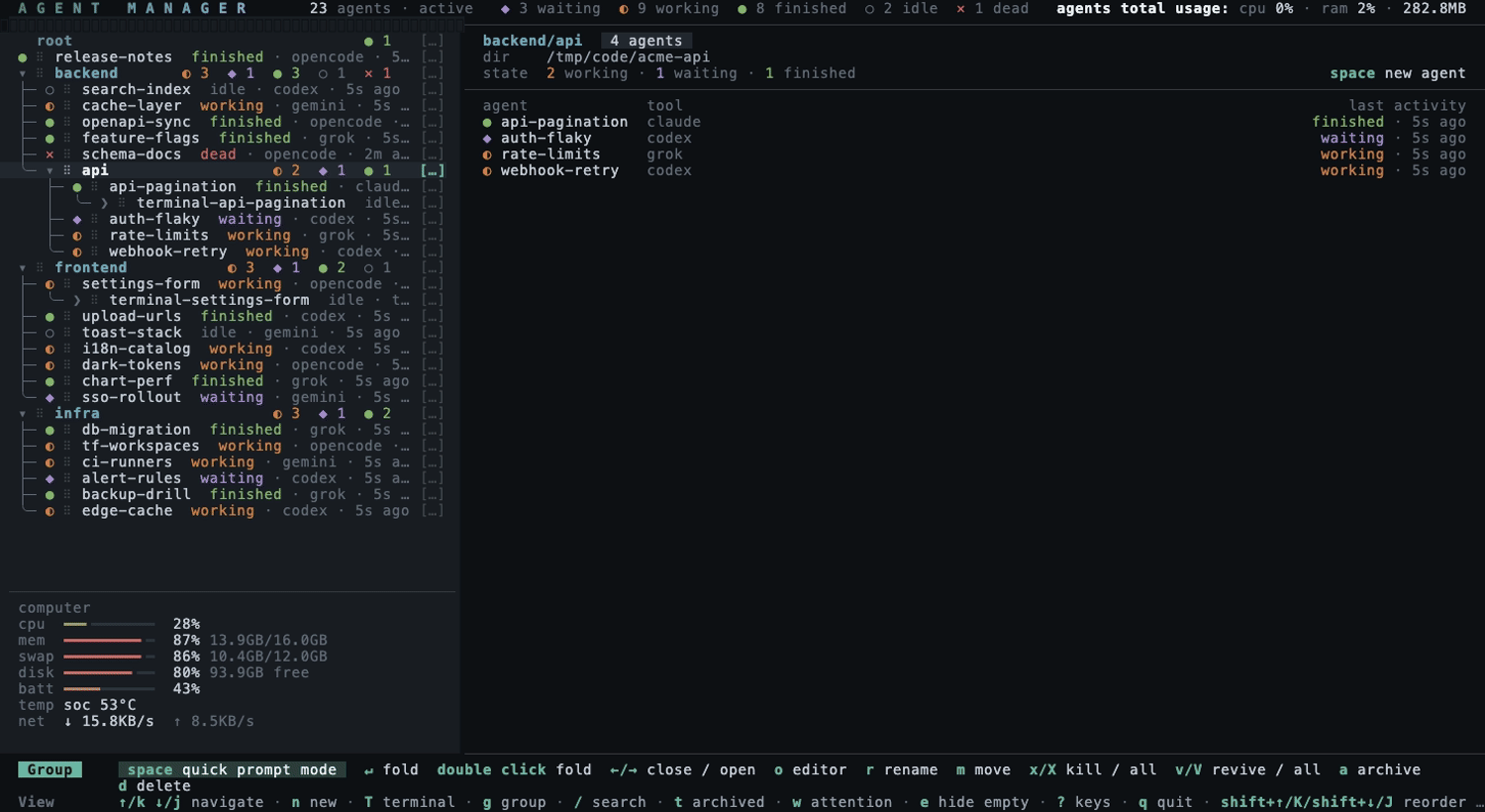 five prompts to five fresh agents without moving the cursor, one per CLI, the first on Opus at high effort picked in the prompt bar, then a session's diff opened in review