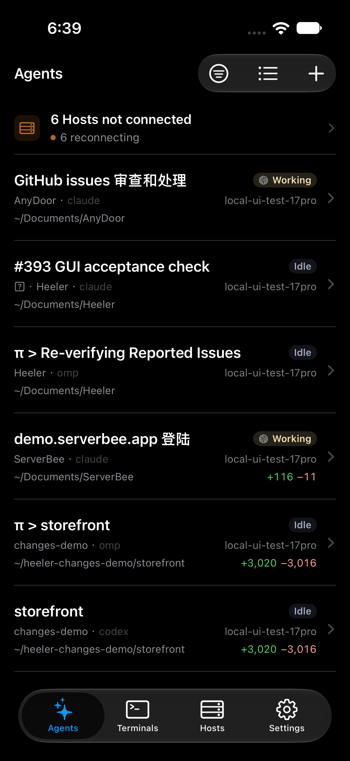 Agent Console listing Agents across Hosts with their status on iPhone