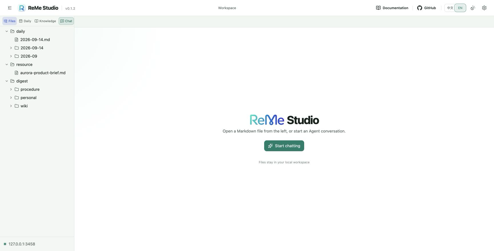 ReMe Studio workspace preview — click to try the Playground