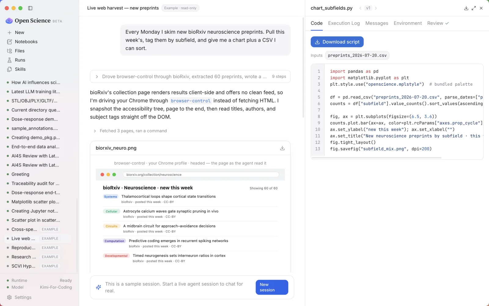 The agent driving the user's own Chrome via open-science-browser to harvest bioRxiv preprints into a chart and CSV