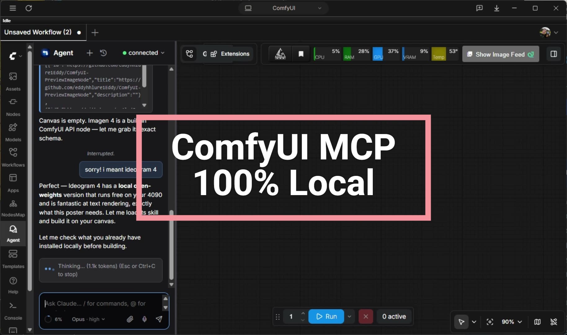 The Agent panel driving ComfyUI end to end. Click to watch the demo