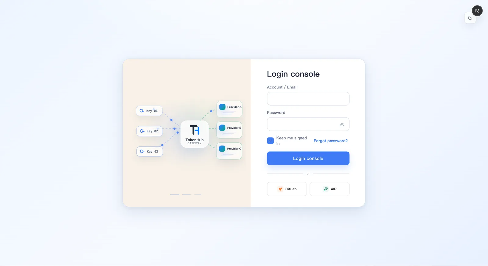 TokenHub product tour: login, overview, API documentation, provider channels, model catalog, routing policies, usage analytics, and system settings