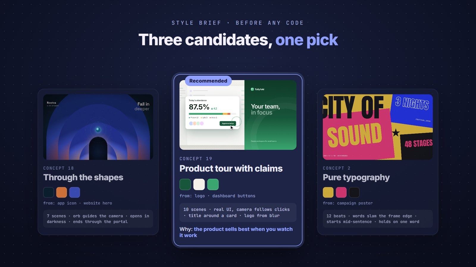 Style brief with three concept candidates and one recommended pick
