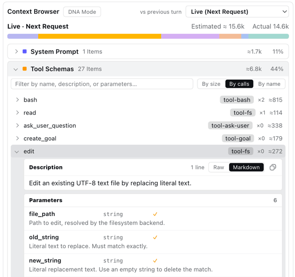 Tool schemas with source chips, filter, and sort