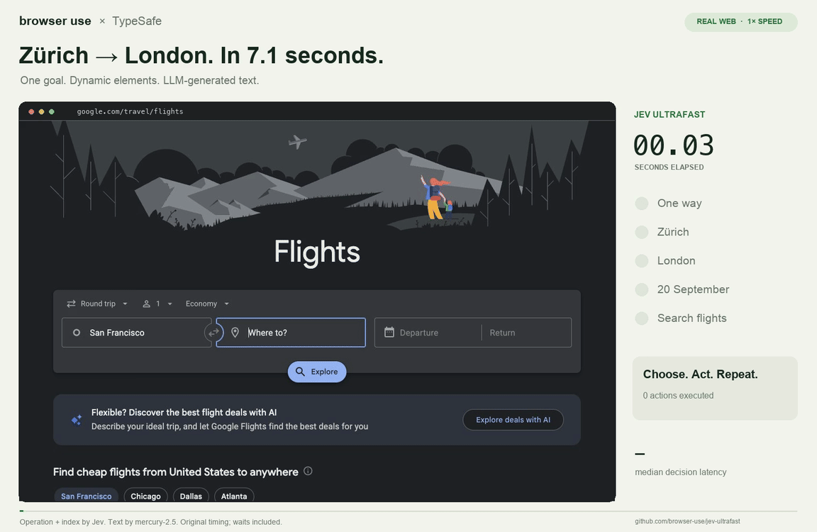 A real Google Flights search at 1× speed, with generated city names and dynamic operation/target decisions