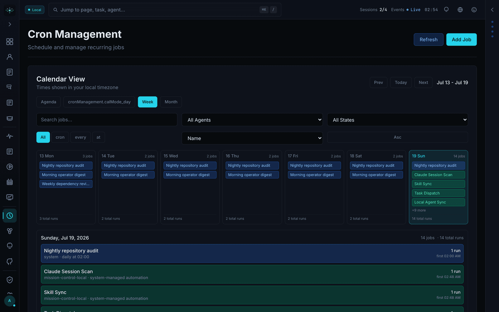 Mission Control cron management calendar with scheduled jobs across the week