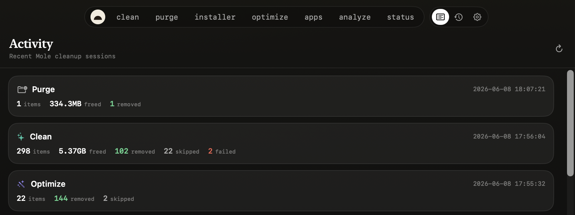 Activity โ a running log of cleans, optimizes, and scans, plus anything in flight