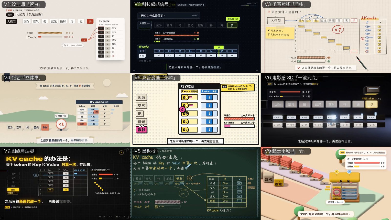 The same moment of the KV cache explainer in nine styles