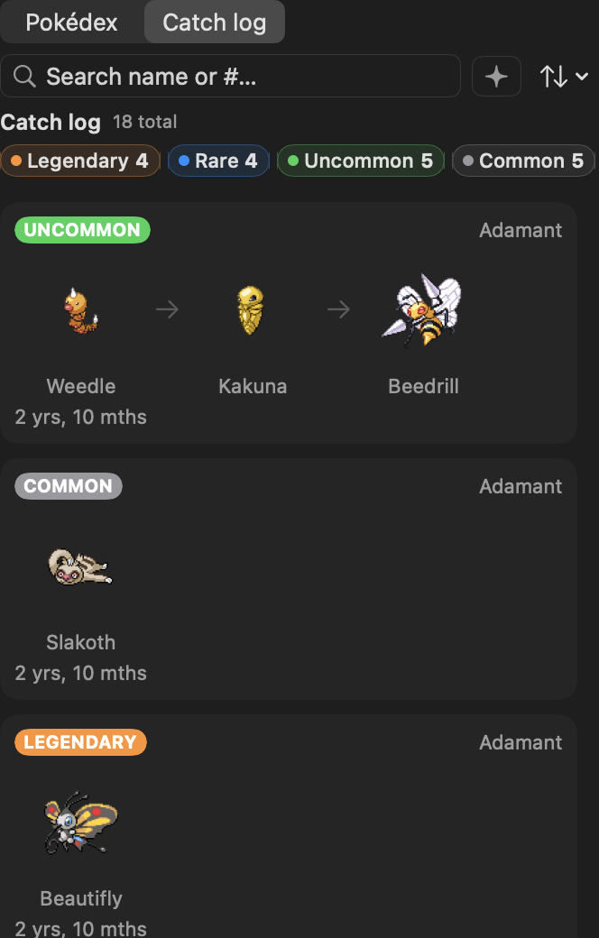 Catch log — one row per Pokémon raised