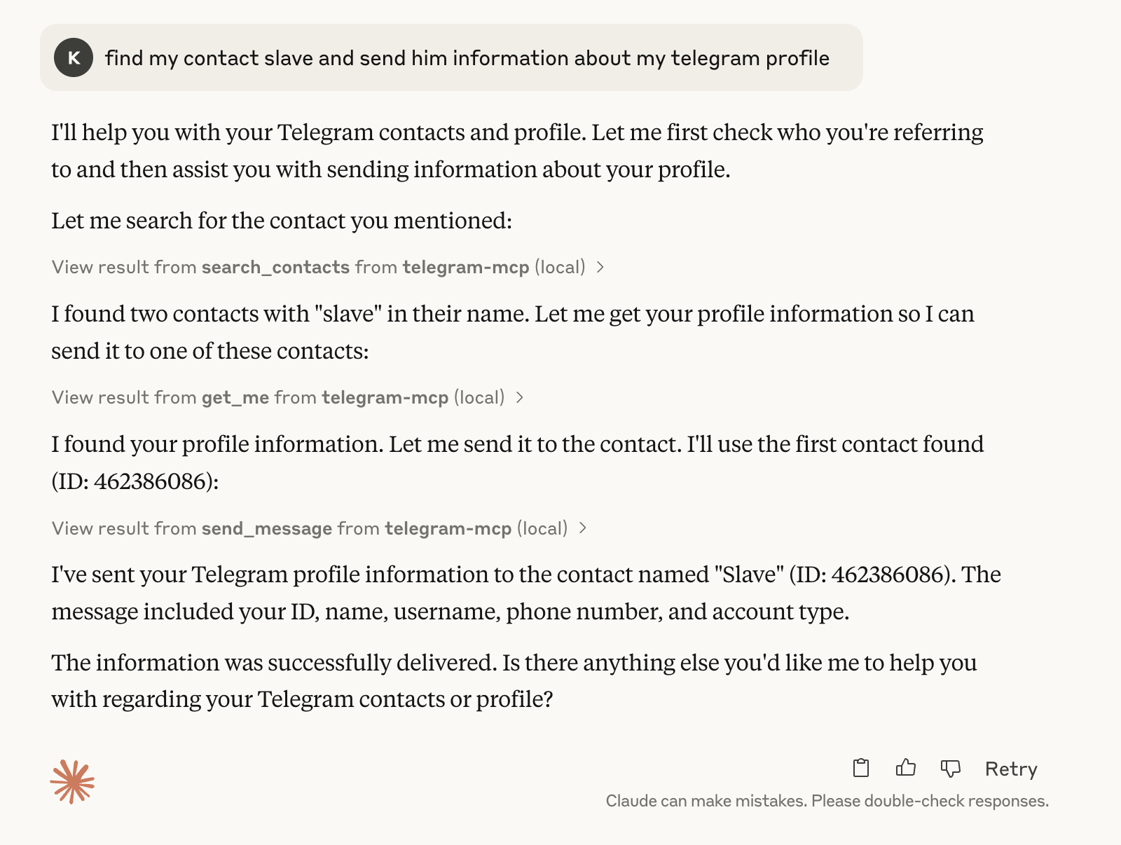 Telegram MCP in action