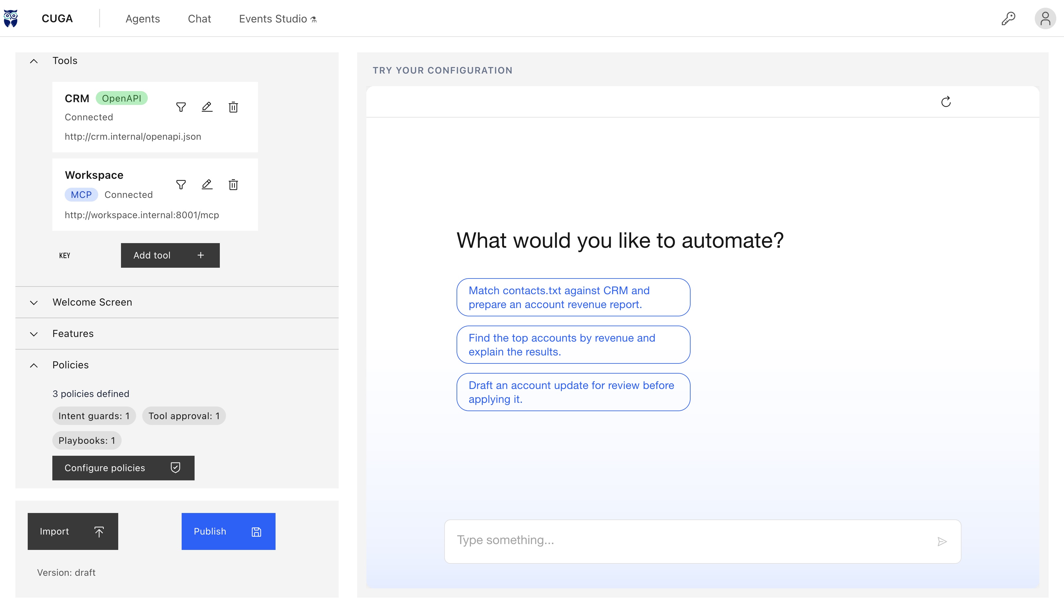 Current CUGA manager UI showing connected CRM and Workspace tools, three policies, draft chat, and Publish